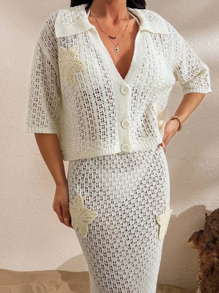 Women Shirt Blouse And Skirt Two Pieces Outfit Cover Up Vacation With Floral 3d Embroidery - Apricot - View 5