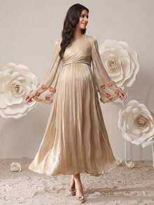 SHEIN Đầm bầu tay dài cổ tròn xếp ly màu trơn thanh lịch - Màu Khaki - Xem 3