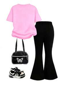 1 Set Young Girl K-POP Girl Group Graphic Print Short Sleeve T-Shirt And Flare Pants Outfit,Light Pink,Summer,School,Back-To-School Fashion Leisure - Multicolor - View 2