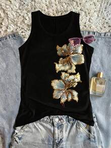 EMERY ROSE 2026 Camiseta de tirantes elegante con estampado floral retro para mujer, estilo Y2K - Negro - Ver 1