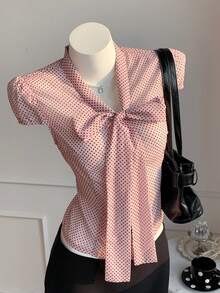 Comfortcana Women's Elegant Pink Polka Dot Tie Neck Cap Sleeve Blouse,Summer Tea Party Casual Top,Holiday Y2k Work Outfits,Country Style Button Front Shirt - Pink - View 3