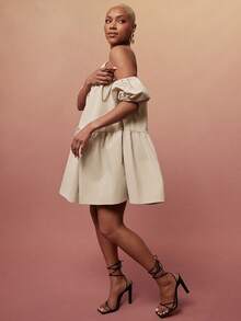 Vixey Solid Woven Asymmetrical Off Shoulder Petal Sleeve Tiered Flowy Short Dress - Khaki - View 5