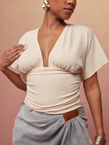 Vixey Solid Textured Jersey V Neck Low Back Gathered Waist Top - Apricot - View 5
