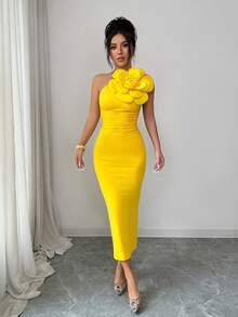 Rafferiza Women's Oblique Shoulder Ruched Fitted Bodycon Elegant Dress Women Party Dress Women Elegant Outfits Beautiful Dresses For Woman Latest Dress - Yellow - View 4