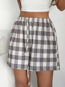 DAZY Plaid Pattern Loose Fit Shorts, Women Summer Casual Sleepwear Bottoms - Grey - View 8