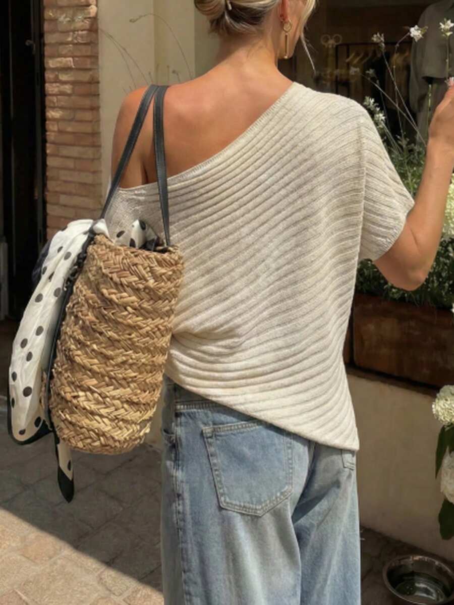 Pariaura Women's New Sexy Asymmetric Shoulder Elegant Casual Chic Versatile Feminine Slimming High-End Asymmetric Batwing Sleeve Loose Relaxed Knit Top, Spring/Summer - Khaki - View 1