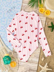 少女休闲简约圆领长袖连体泳衣，适合夏季穿着 - 彩色 - 查看 2