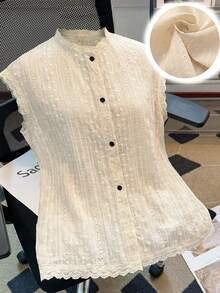 GlowEve CURVE Áo sơ mi không tay dáng rộng màu trơn viền vỏ sò cài cúc phía trước, áo kiểu thanh lịch bằng vải lanh cho nữ, áo len không tay, áo khoác cardigan không tay, áo dệt kim, áo sơ mi màu kem, áo kiểu Pháp, áo sơ mi nữ mùa hè, áo len, áo thun len cho nữ, áo sơ mi kiểu Trung Quốc. - Màu be - Xem 9