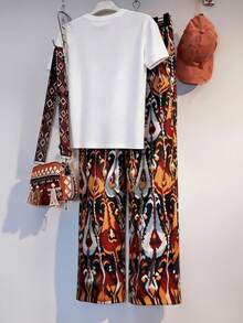 2pcs/Set Women's Graphic Print Round Neck Short Sleeve T-Shirt And Loose Straight Leg Printed Pants Set, Casual Outfit, Vacation Set, Retro Style, Summer Pants, Patterned Pants Boho Clothes Festival Clothes Patterned Clothes Artsy Clothes Summer Outfit For Women - Multicolor - View 2