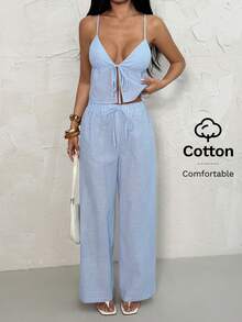 SHEIN PETITE Bộ đồ nữ dệt sọc kẻ, kiểu dáng thường ngày, thích hợp cho kỳ nghỉ xuân/hè. - Xanh và trắng - Xem 3