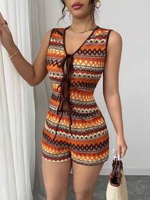 Elenzga 女士优雅针织提花几何图案V领无袖修身上衣 + 女士优雅休闲修身短裤，春夏款 - 彩色 - 查看 6