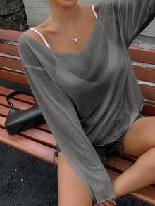 DAZY 女士宽松深V领长袖透视休闲上衣，都市街头风夏季T恤 - 深灰色 - 查看 7