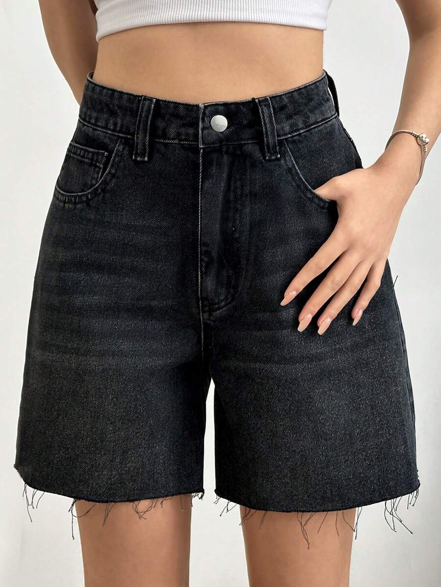 SHEIN High Waist Black Color Casual Style Hem Detailed Woman Button Front Short Everyday Summer - Black - View 1