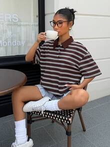 Muchica Brown Striped Knit Casual Women's Short-Sleeved T-Shirt, Summer, Beachwear, Vacation Wear, Resort Wear - Multicolor - View 6