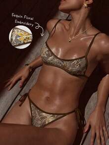 Swim Vcay Sequin Embroidered Floral Micro Sexy Fashion Women Beach Spring/Summer Bikini Set Set - Brown - View 1