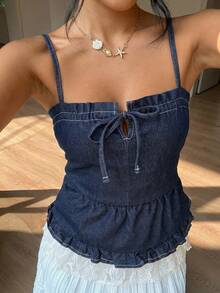 Sunnyshic Women's Fashion Casual Lace Drawstring Tie Ruffle Hem Washed Denim Camisole - Dark Wash - View 3