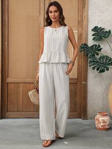 EMERY ROSE 女士度假条纹荷叶边吊带背心和阔腿裤休闲两件套 - 卡其色 - 查看 1
