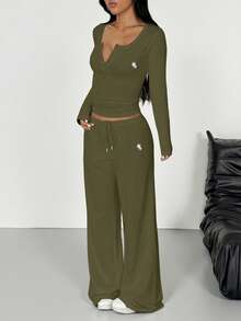 SHEIN EZwear Trang phục thường ngày bằng vải dệt kim màu xanh ô liu dành cho nữ - xanh quân đội - Xem 3