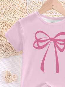 SHEIN Tween 女童休闲简约蝴蝶结心形图案圆领短袖 T 恤和短裤睡衣套装，适合夏季居家清爽穿着 - 彩色 - 查看 4