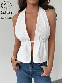 Aloruh Women's Casual Vacation Eyelet Embroidery Blouse, Beach, Vacation Top, Summer Top/Sexy Backless Strap Tank Top - White - View 4