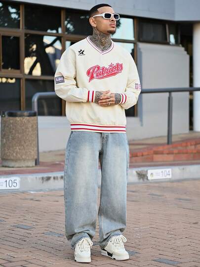 Devon Thys DIYIE 男士时尚卫衣，V领刺绣卫衣，Y2K卫衣，学院风运动卫衣，舒适通勤卫衣