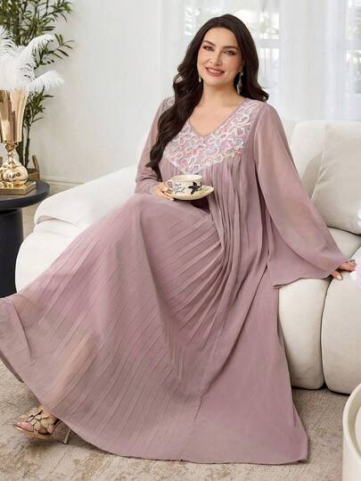 Al Najma Romantik Düz Renk Şifon Patchwork İşlemeli Yuvarlak Yaka Uzun Kollu Pileli Bol Kesim Normal İlkbahar/Yaz Büyük Beden Kadın Arap Maxi Elbise