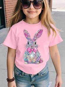 Elladie kids 1件女童休闲可爱碎花夏季度假印花针织圆领短袖T恤，适合夏季度假外出穿着，2026春夏新款，夏季穿搭 - 粉色 - 查看 1