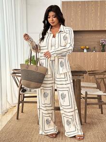 SHEIN Elenzya Conjunto casual de talla grande para mujer con blusa de manga larga de un solo pecho y pantalones de pierna ancha - Multicolor - Ver 1