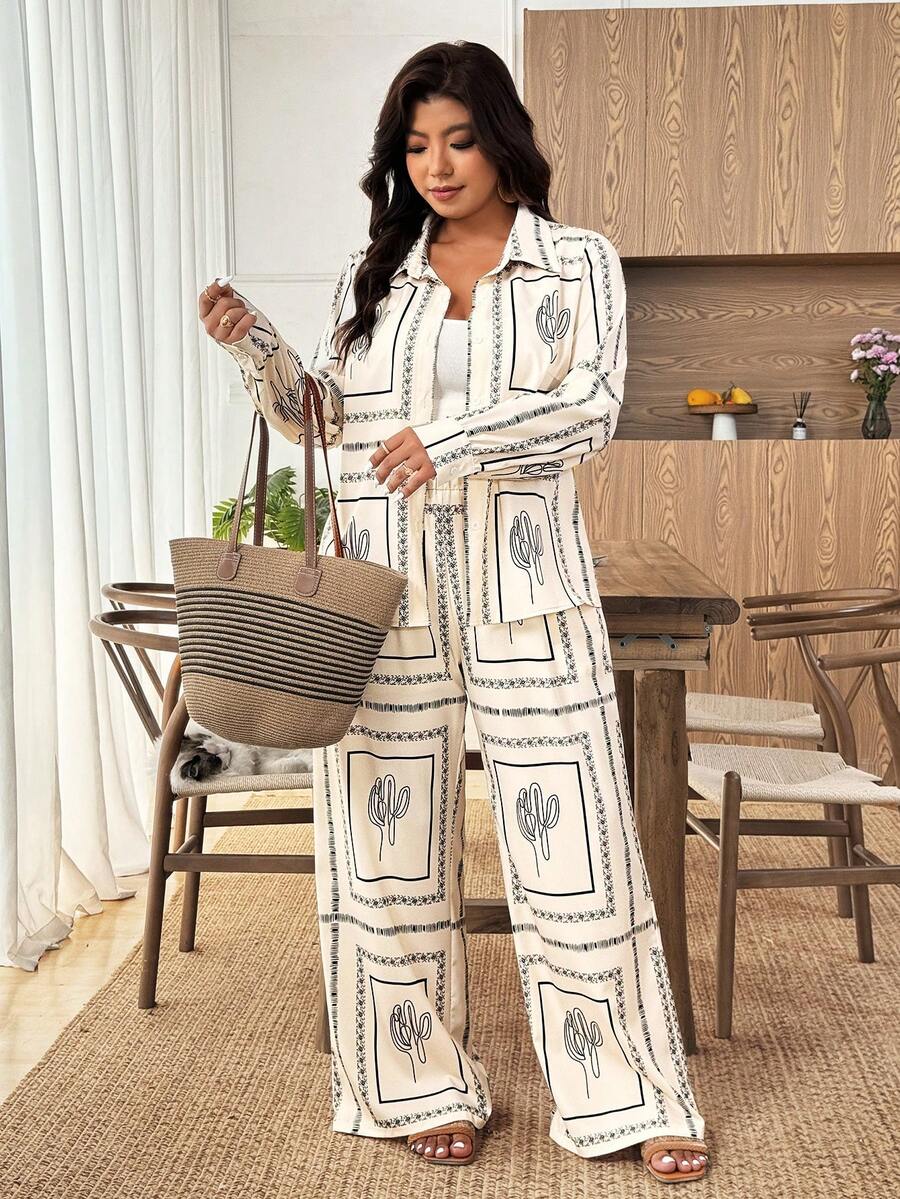 SHEIN Elenzya Conjunto casual de talla grande para mujer con blusa de manga larga de un solo pecho y pantalones de pierna ancha - Multicolor - Ver 1