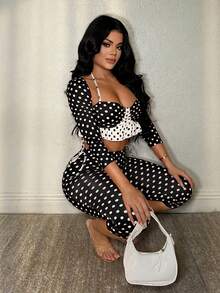 SHEIN SXY 情人节红色波点性感荷叶边七分裤套装 - 黑色 - 查看 4