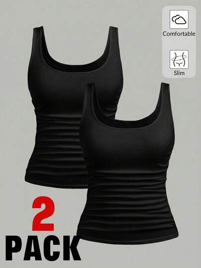 SHEIN Girlism 2-Piece Set Teen Girls Black Casual Round-Neck Pleated Waist Fitted Tank Top Set For Teen Girls-Versatile For Everyday Casual Wear And Loungewear. Fitted Sleeveless Top Set For Teen Girls Squishy New Ss26 Fashion  Tank Top Black Tops