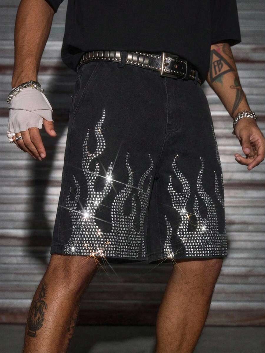AXEPEAK Pantalones cortos vaqueros casuales y elegantes para hombres con adornos de diamante de imitación - Negro - Ver 1