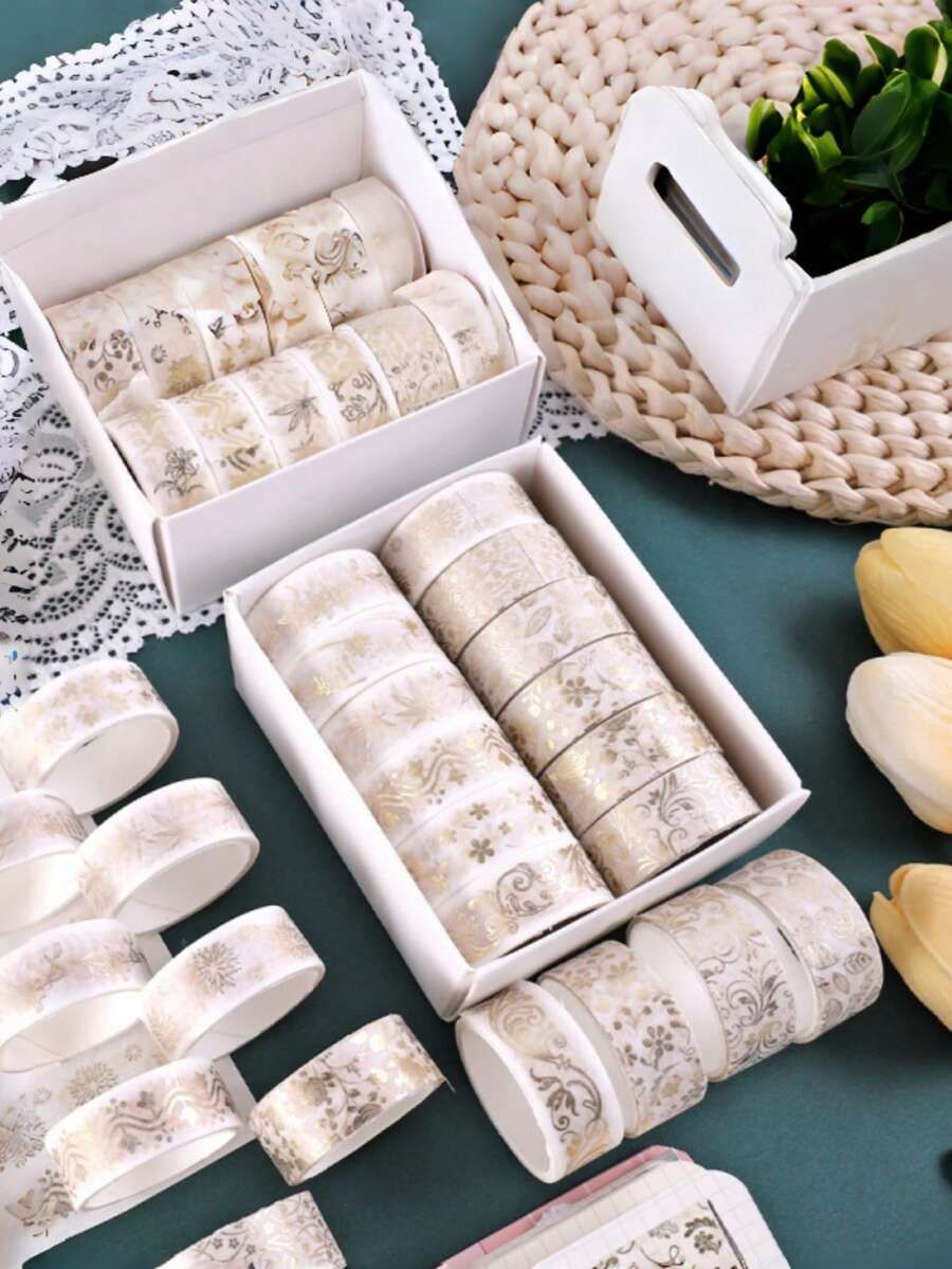 Bộ băng dính Washi dập nổi ánh vàng phong cách tự nhiên, nhãn dán trang trí sáng tạo cho sổ tay, đồ thủ công DIY, album ảnh, ốp điện thoại, laptop, đồ dùng gói quà thẩm mỹ. - Vàng - Xem 1