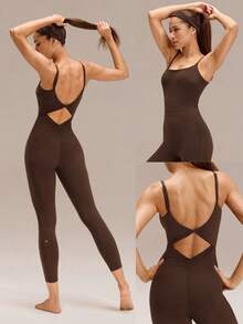 GLOWMODE 24英寸 FeatherFit™-Air Make The Cut 打结后背提臀连体衣，适合低强度瑜伽日常穿着，可拆卸胸垫，春夏款 - 咖啡棕 - 查看 9