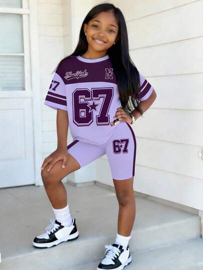 2pcs/Set 4-7 Years Old Girls Toddler, American Sports Style Purple & White Contrast Color + "New York 67" Numeric Print Short Sleeve T-Shirt + Shorts, Lightweight Fabric Energetic Outfit, Casual/Sports Summer Clothing Set
