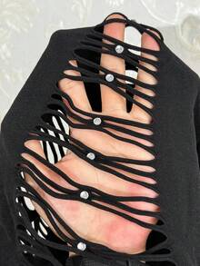 SHEIN Jeanoir Women's Sexy Striped Hollow Out Rhinestone Jumpsuit - Black - View 7