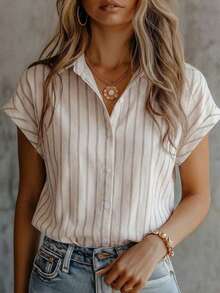 Franclia Apricot Striped Fabric Blouse For Women Casual Regular Length Short Batwing Sleeve Shirt With Collar - Apricot - View 2