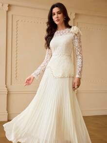 ZEYLAH Damen Spitze Patchwork Plissee Elegantes Taillenkeid für Partys - Aprikosenfarben - Übersicht 5