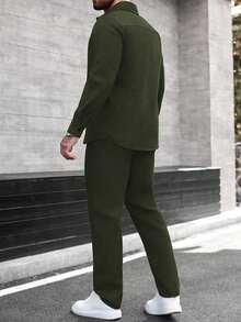 Manfinity CasualCool Men's Long Sleeve Shirt Collar Button-Up Shirt And Pants Set, Autumn/Winter - Army Green - View 2