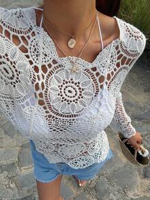 DAZY Women's Hollow Out Knit Blouse, Suitable For Beach, Holiday, Vacation - White - View 1
