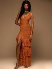 MUSERA 流苏针织圆领修身长裙，春夏优雅度假伊比沙岛俱乐部场合性感晚宴婚礼宾客日落之吻 - 橘色 - 查看 5