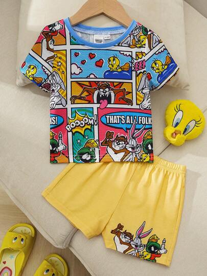 LOONEY TUNES X SHEIN Baby Girl Summer Casual Cute Cartoon Print Short Sleeve T-Shirt And Shorts Pajama Set