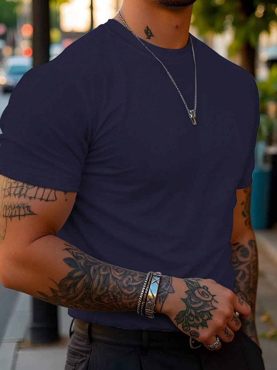 Manfinity Dauomo Áo thun nam cổ tròn tay ngắn màu trơn, kiểu dáng thường ngày, đa năng cho mùa hè. - Màu xanh hải quân - Xem 1