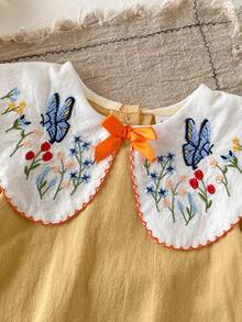 SHEIN Đầm mùa hè cho bé gái kiểu dáng thường ngày, thêu hoa, tay cánh hoa, cổ Peter Pan. - Màu vàng - Xem 4