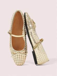 CUCCOO DOLLMOD Ladies Gold Mesh Sequins Decorative Sweet Bow Decorative Design French Low Vamp Breathable Mary Jane Shoes Upper Sequined Mesh Material Suitable For Spring And Summer Wear - Gold - View 1