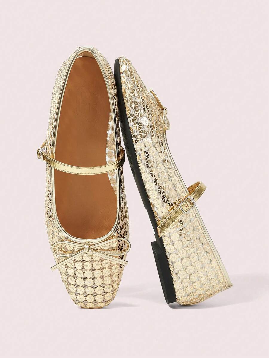 CUCCOO DOLLMOD Ladies Gold Mesh Sequins Decorative Sweet Bow Decorative Design French Low Vamp Breathable Mary Jane Shoes Upper Sequined Mesh Material Suitable For Spring And Summer Wear - Gold - View 1