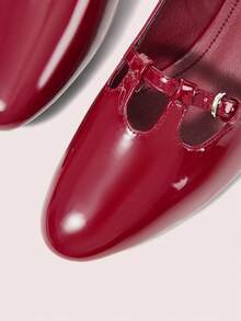 CUCCOO DOLLMOD Ladies Round Toe Patent Leather Burgundy Date Wear Mary Jane College Style Daily Versatile Afternoon Tea Wear Low Heel High Heel Shoes - Burgundy - View 5