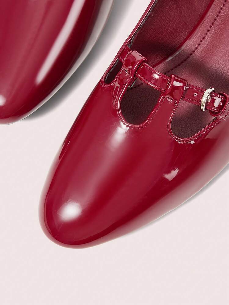 CUCCOO DOLLMOD 女士圆头漆皮酒红色约会玛丽珍鞋，学院风日常百搭下午茶鞋，低跟/高跟可选 - 酒紅色 - 查看 5