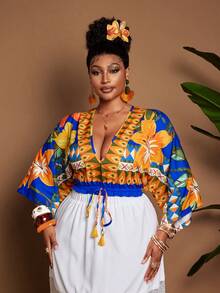 Maweii Plus Size Women's Blue,Autumn,Boho,Vacation,Holiday Tropical Floral Print Deep V-Neck Cinched Waist Bow Tie Decor Blouse,Fashionable Beach Party Top - Multicolor - View 2