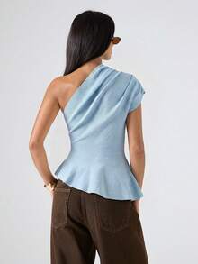 LYSMO 2026 New Minimalist Spring Women's Solid Color Asymmetric Neckline Ruched Elegant Knit Top, Blue - Baby Blue - View 2